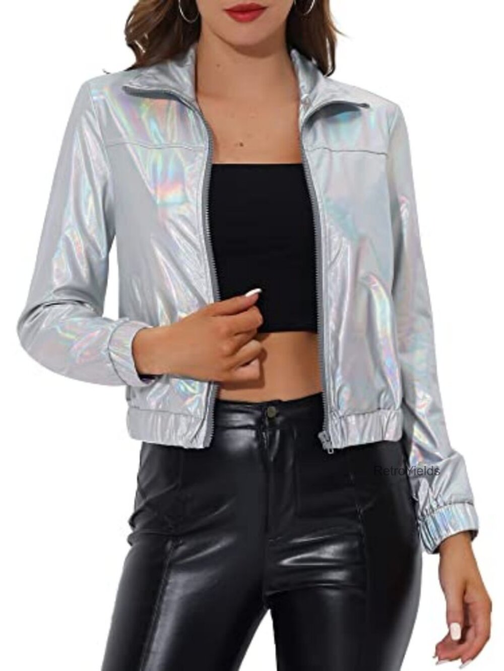Metallic Holographic Shiny Long Sleeve Track Jacket Zip Front Slim Fit